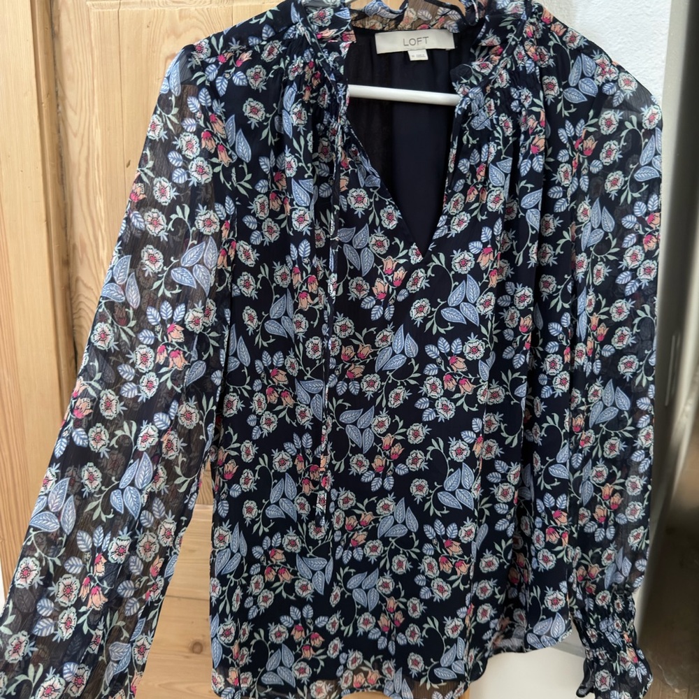 LOFT Navy Floral Tie-Neck Sheer Blouse NWOT